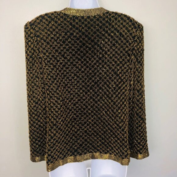 Vintage 90s Womens S Jacket Black Gold Open Front Beaded Silk Heavy - Picture 6 of 9